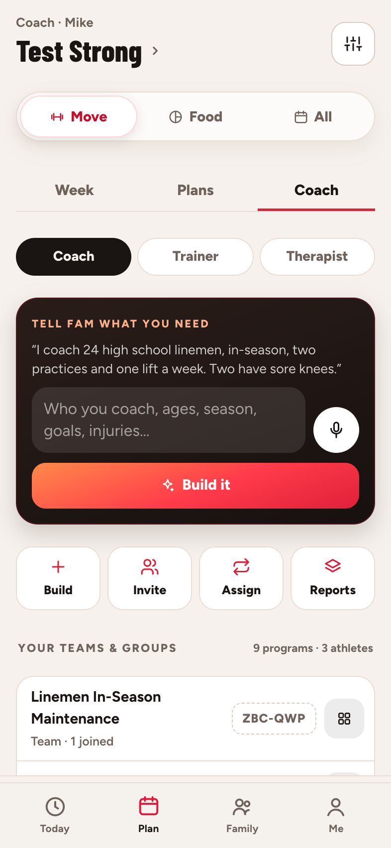 FamPace Coach screen